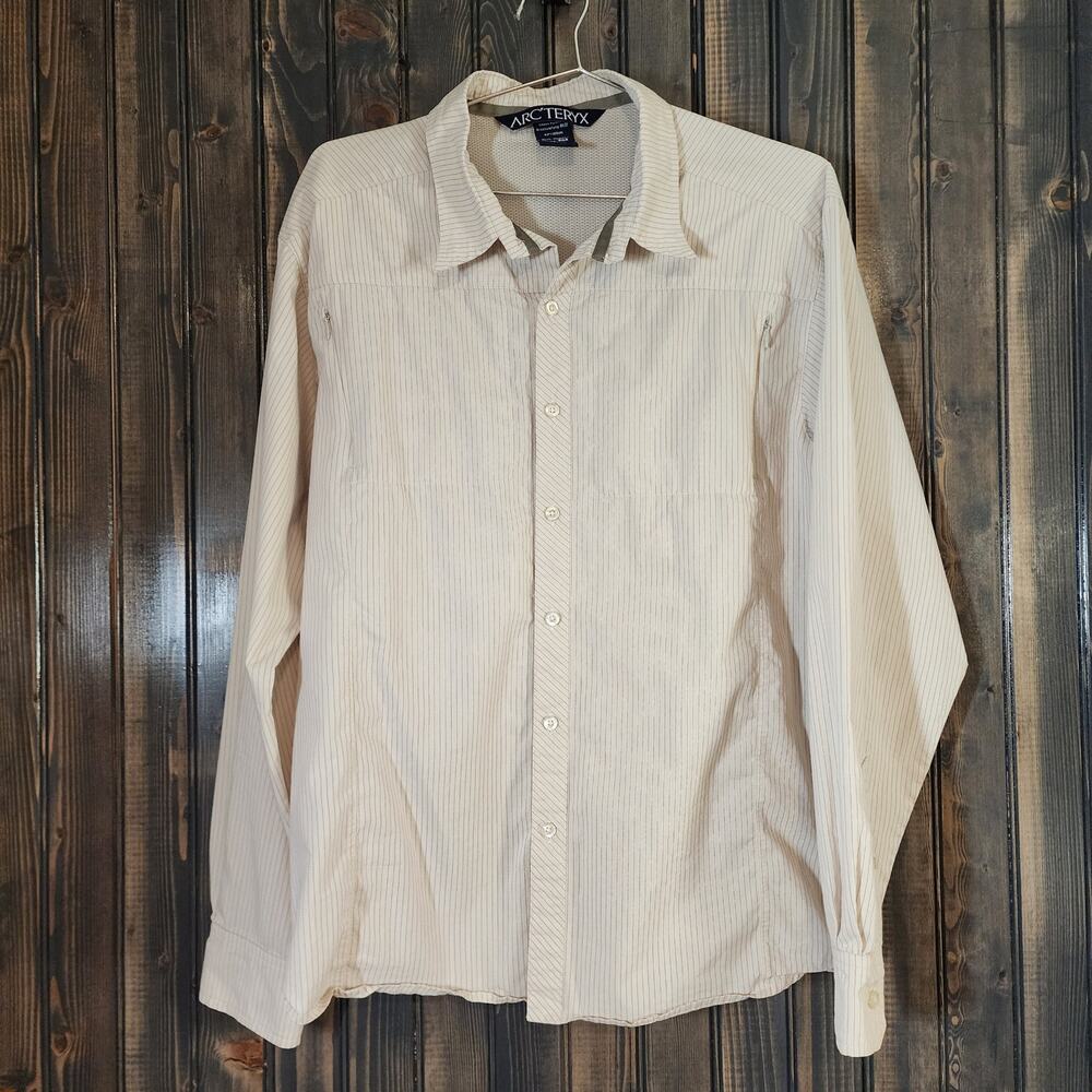 Arc'Teryx Ridgeline Button Long Sleeve Shirt Tan with Vertical Stripes Size L